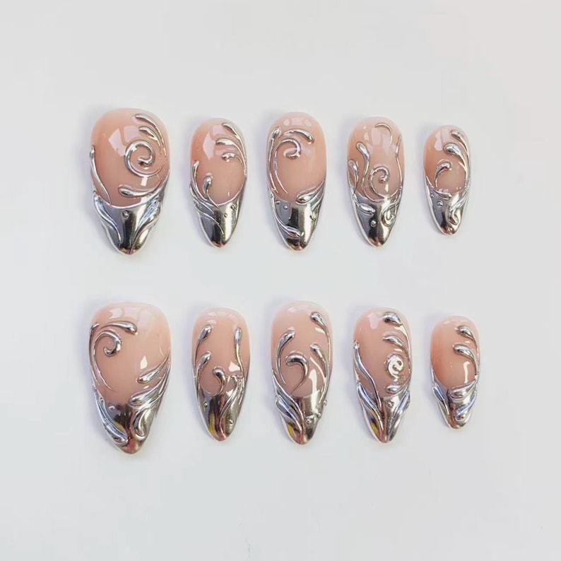 3D Silver Chrome Gothic Y2K French Press On Nails