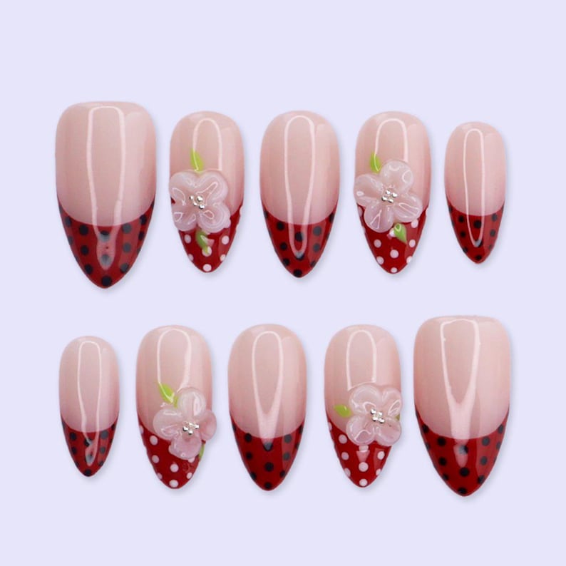 Red Polka Dot Retro French Floral Press On Nails