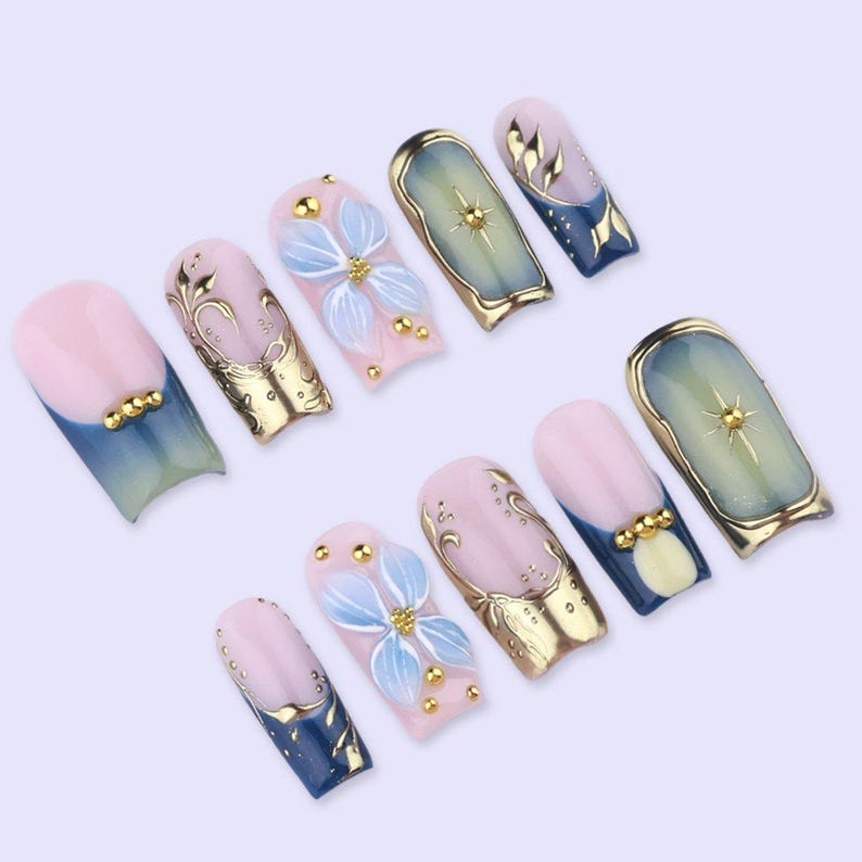 Blue Gold Luxury 3D Floral Elegant Garden Press On Nails