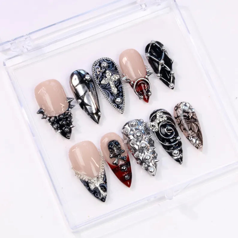 Gothic Punk Lace Studded Spike Edgy Stiletto Press On Nails