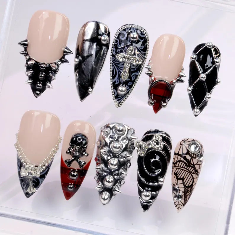 Gothic Punk Lace Studded Spike Edgy Stiletto Press On Nails