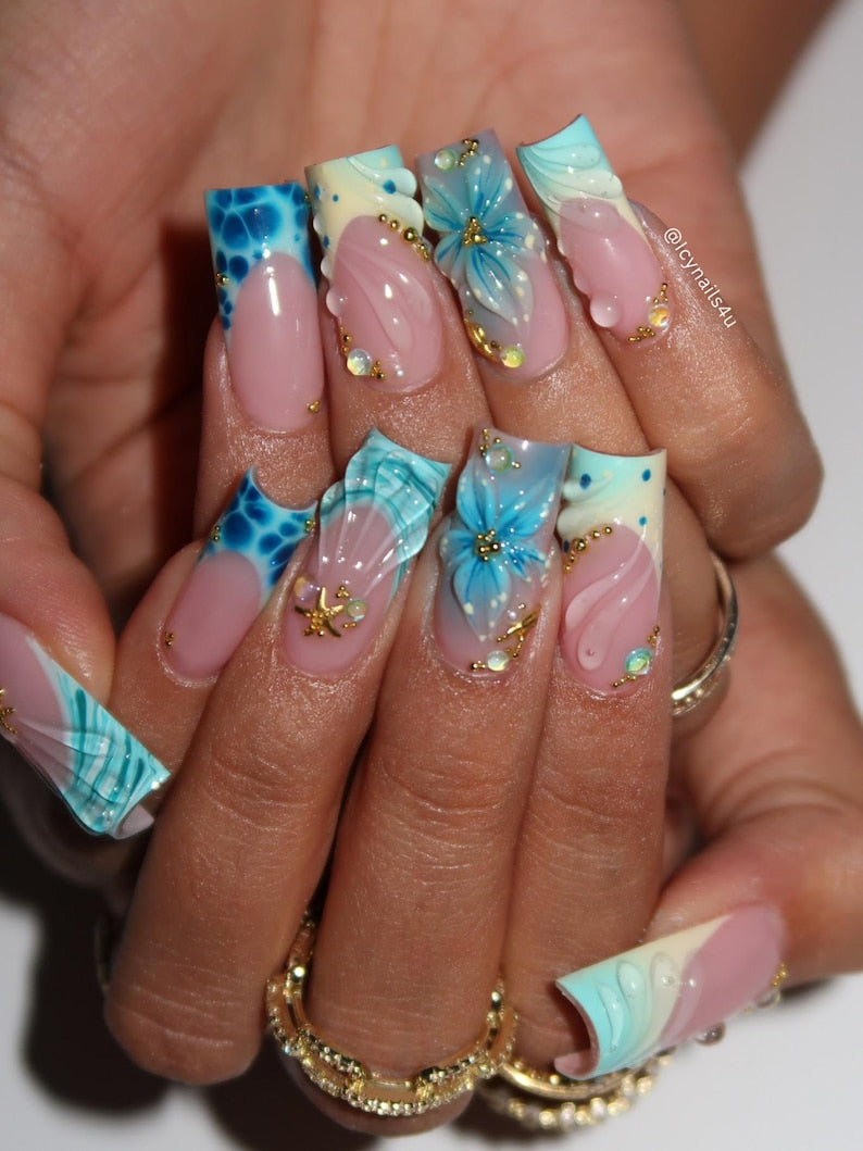 Teal Ocean Floral Serenity Press On Nails