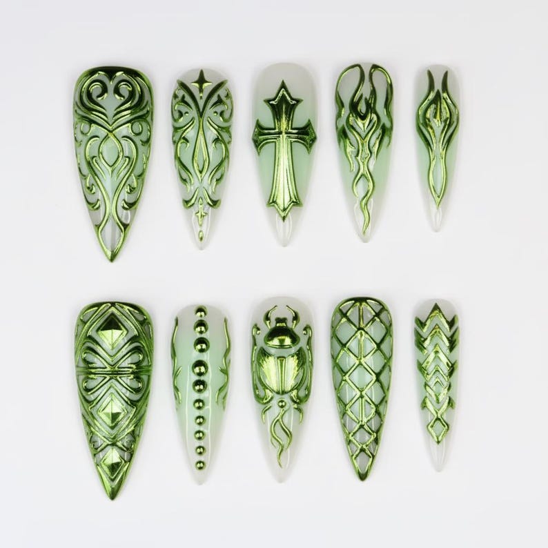 Green Chrome Tribal Gothic Metallic Edge Press On Nails