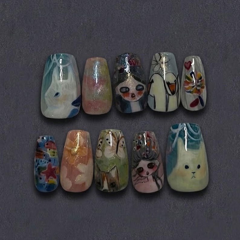 Hand Painted Doll Kitty Kawaii 3D Cute Character Press On Nails