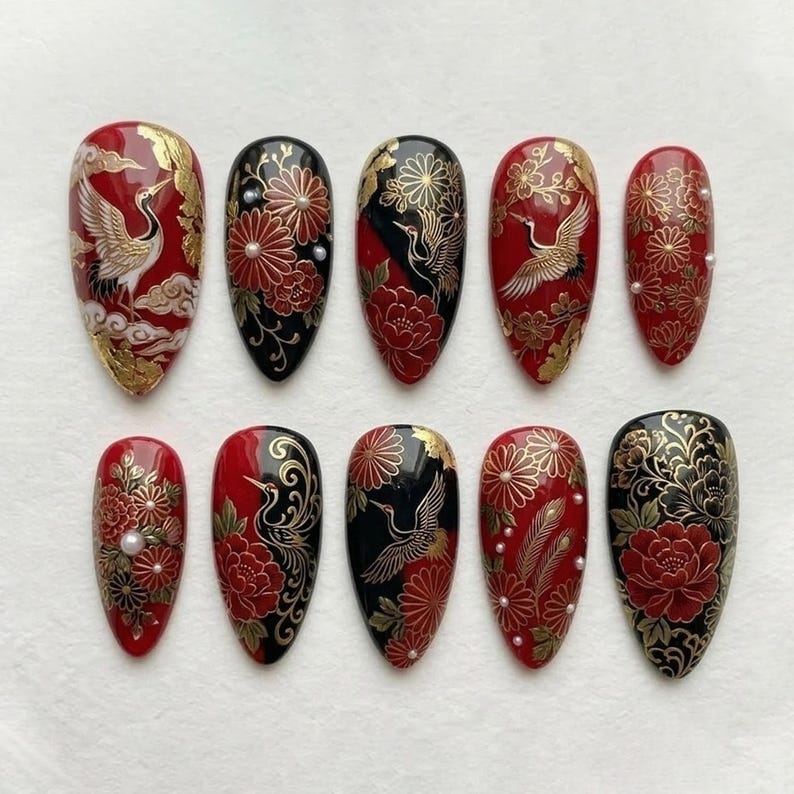 Graceful Crane Inspired Press On Nails