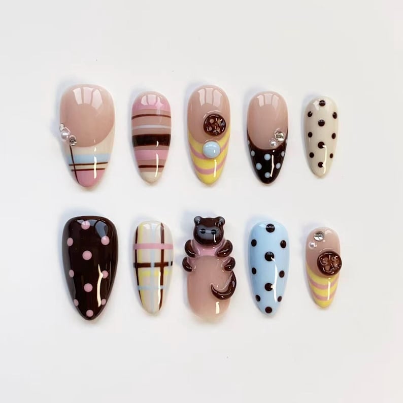 Cute Monkey Pink Plaid Polka Dot Kawaii Press On Nails