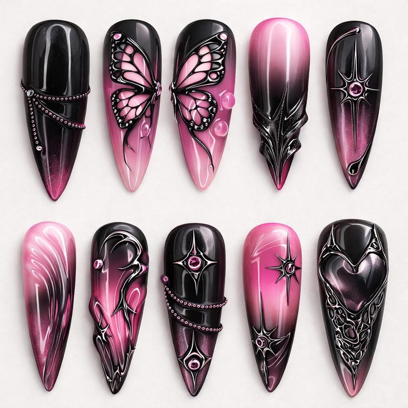 Soft Pink Gothic Butterfly Chrome Press On Nails