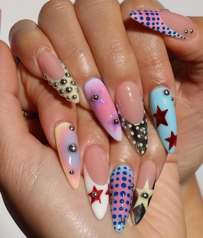 Kawaii Star Chrome Cute Character Stiletto Press On Nails