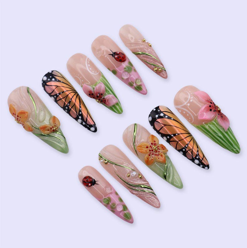 Butterfly Garden 3D Floral Cottagecore Spring Press On Nails