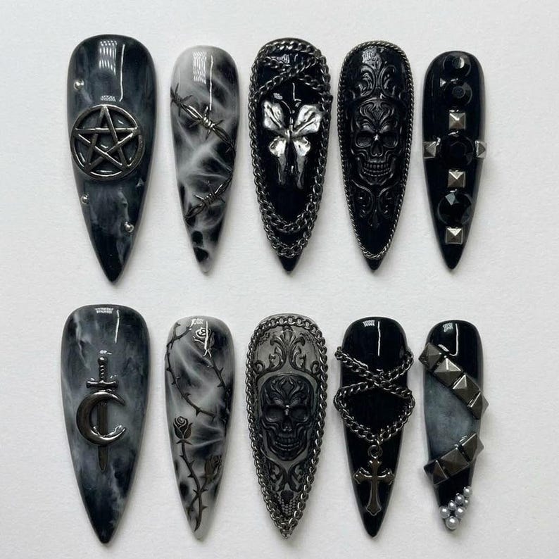 Dark Gothic Chain Accent Stiletto Statement Press On Nails