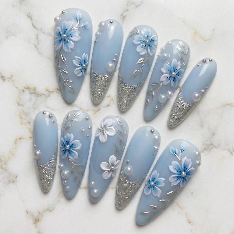 Luxury Handmade Blue 3D Floral Elegant Garden Press On Nails