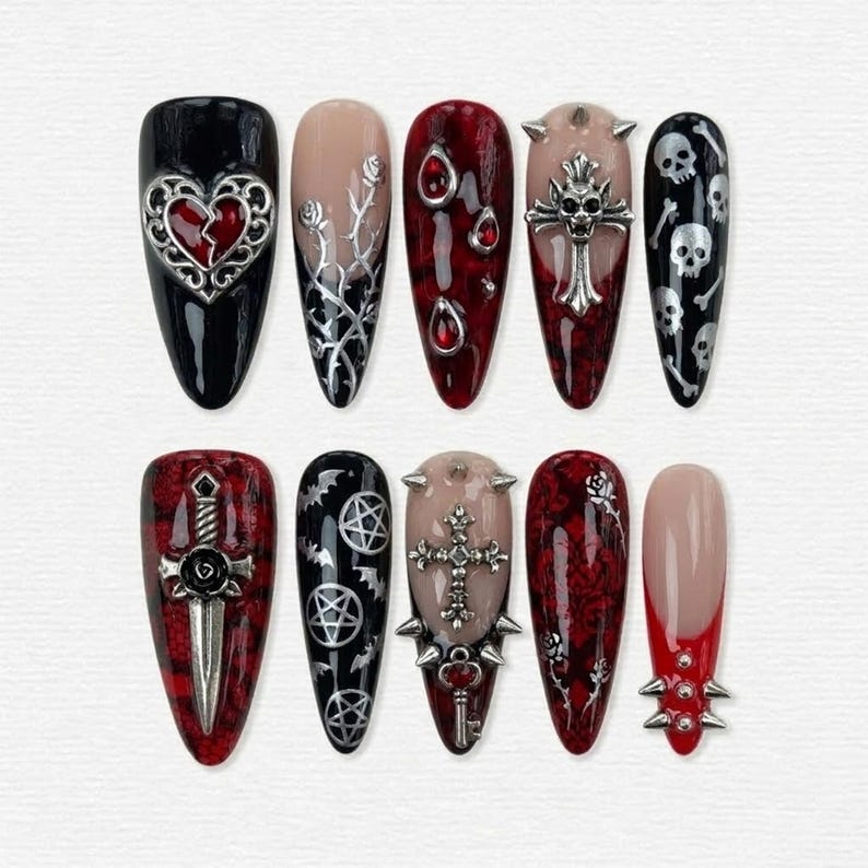 Dark Gothic Blood Red Cross Skull Stiletto Press On Nails