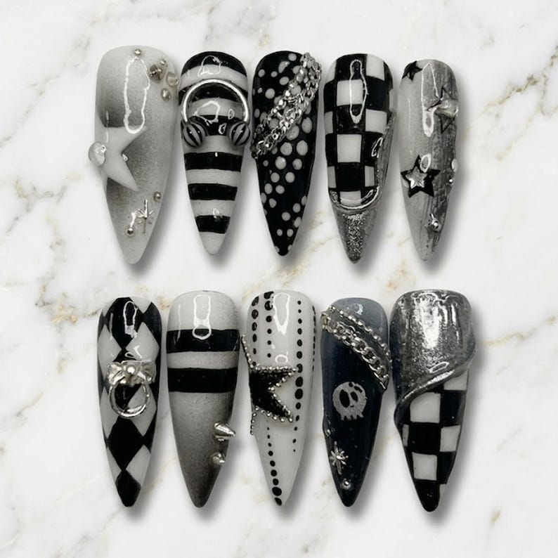 Luxury Handmade Gothic Punk Black Chrome Edgy Press On Nails