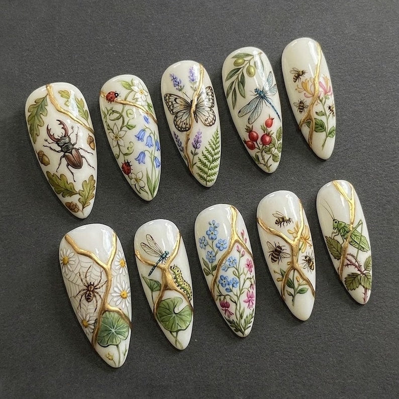 Luxury Kintsugi Gold Botanical 3D Floral Elegant Press On Nails