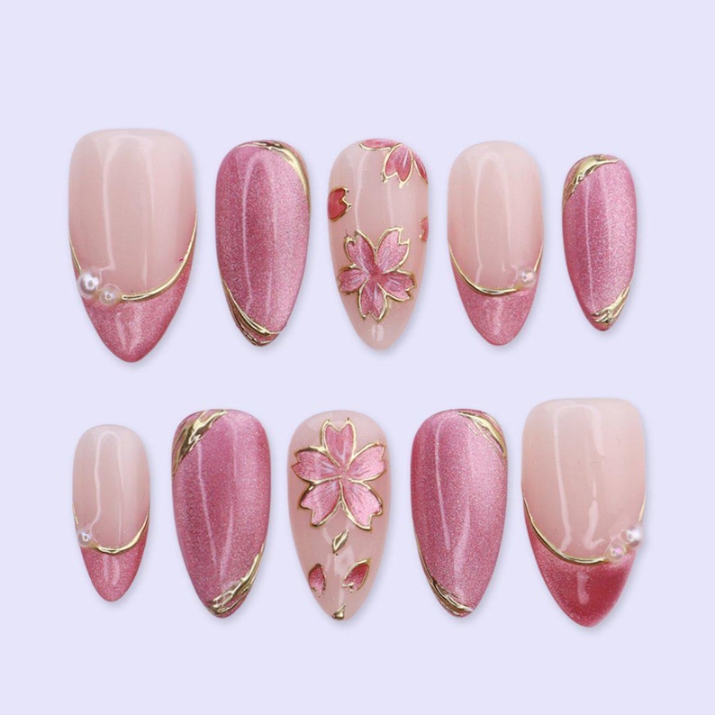 Pink Blossom Cat Eye Press On Nails