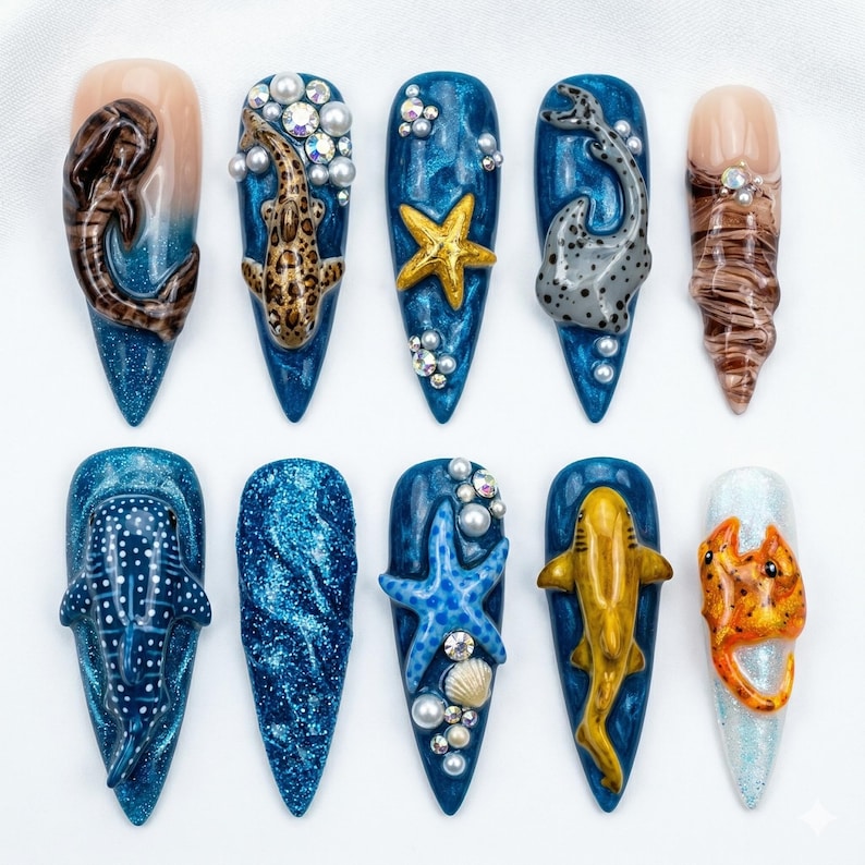 Ocean Shark Starfish Shell Marine Press On Nails