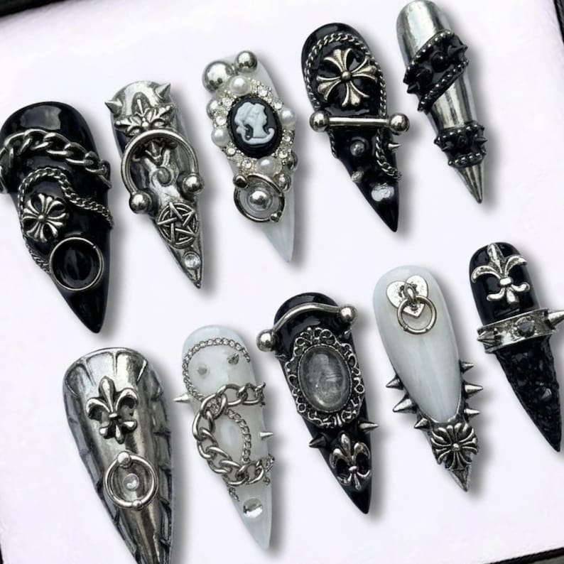 Dark Metallic Cross Charm Press On Nails