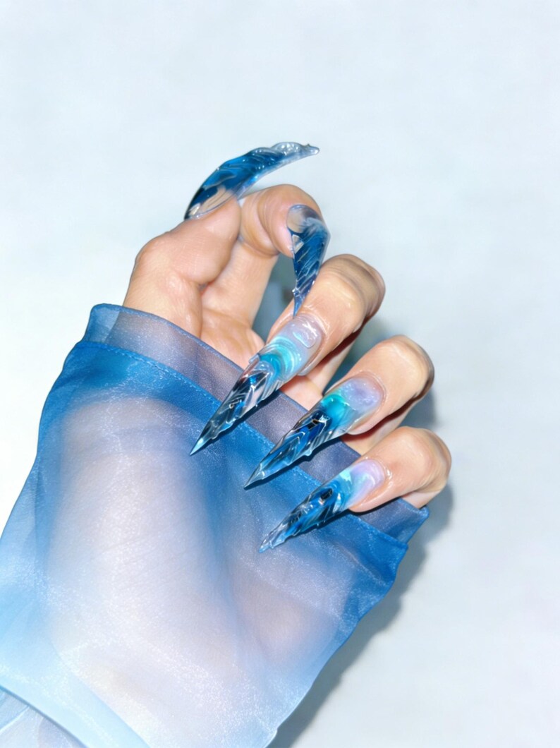 Icy Blue Sculpted Claw Ethereal Press On Nails