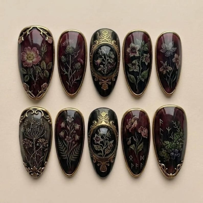 Gothic Botanical Dark Floral 3D Elegant Press On Nails