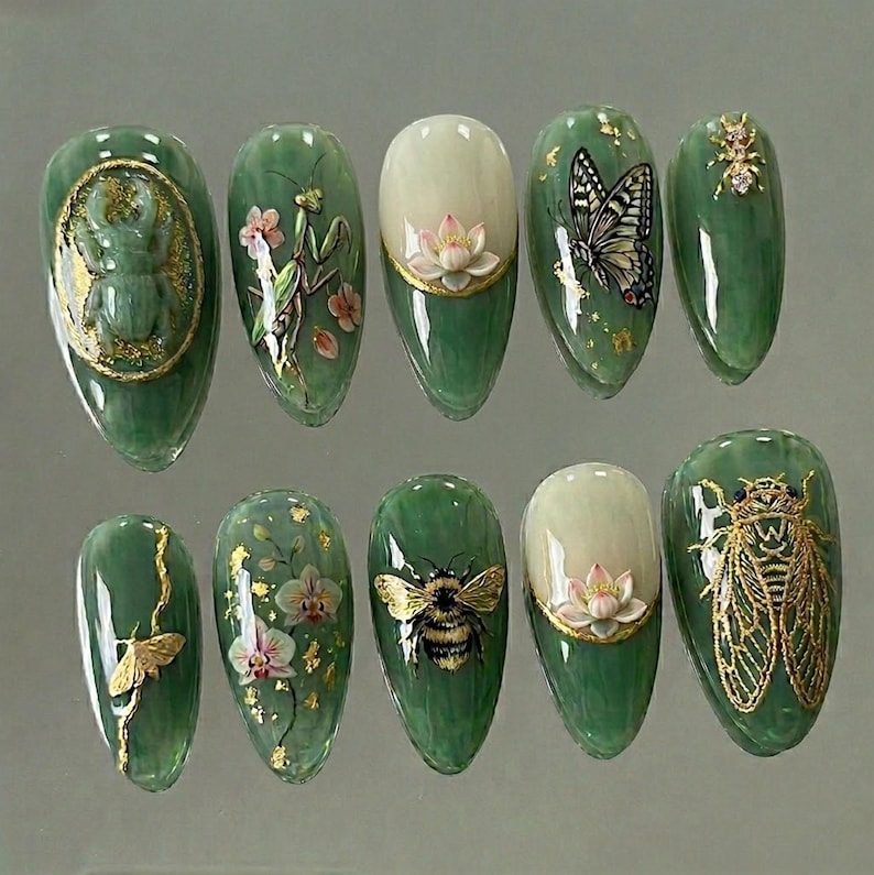 Enchanted Green Nature Insect Garden 3D Press On Nails