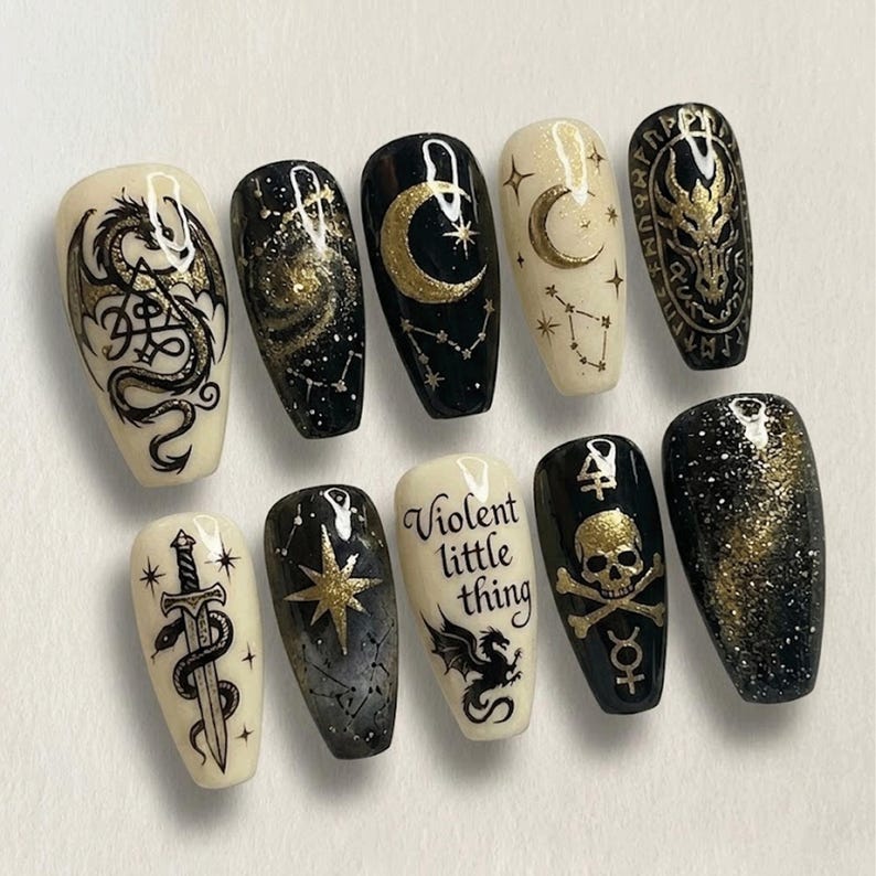 Dragon Fantasy Black Gold Scales Cinematic Press On Nails