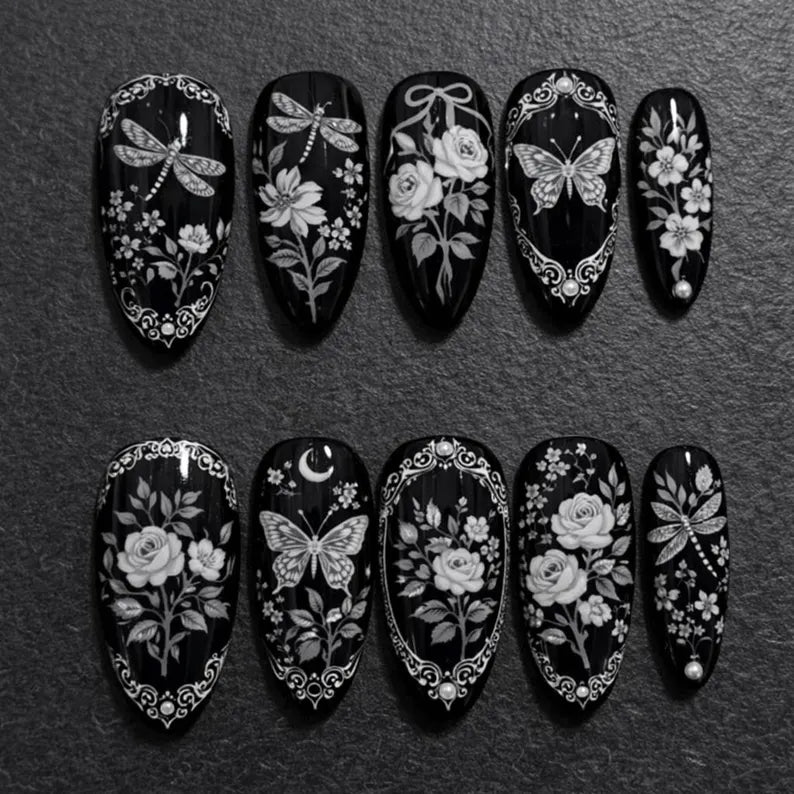 Matte Black Skull Hand Painted Dark Gothic Press On Nails