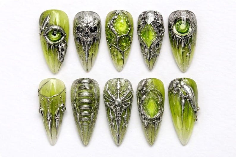 Toxic Neon Skull Alien 3D Press On Nails