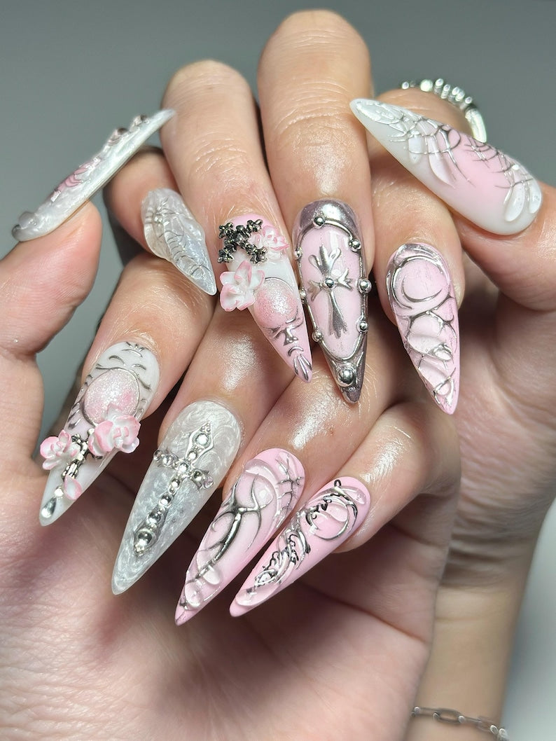 3D Pink Gothic Cyber Silver Chrome Butterfly Press On Nails
