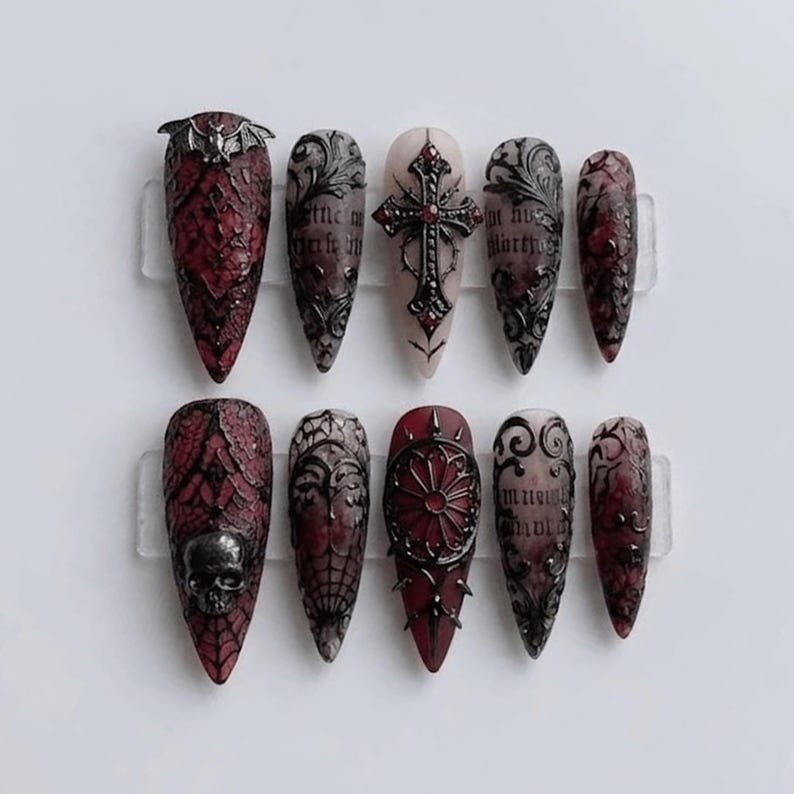 Crimson Cross Dark Elegance Press On Nails