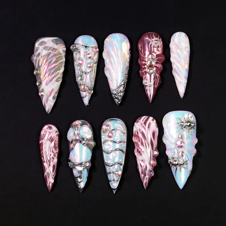 Cyber Y2K Iridescent Chrome Futuristic Stiletto Press On Nails