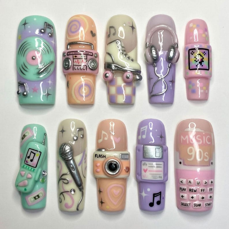 90s Music Retro Cassette Pop Art 3D Press On Nails