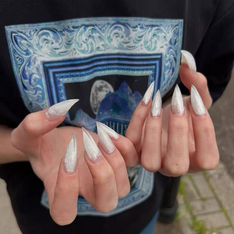 White Shimmer Stiletto Claw Press On Nails