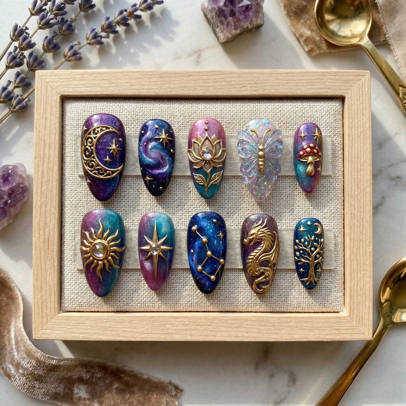 Luxury Celestial Gold 3D Galaxy Press On Nails