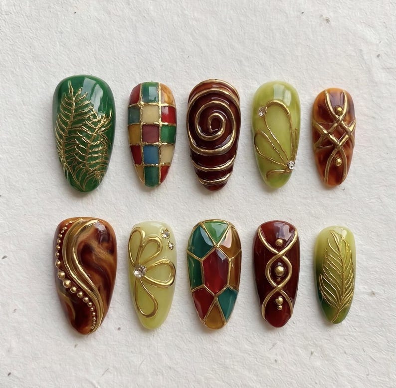 Earthy Stained Glass Gold Botanical Luxury Press On Nails