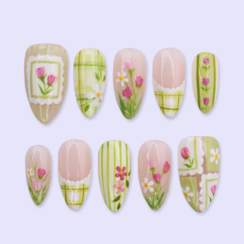 Green Floral Plaid Cottagecore Botanical Press On Nails