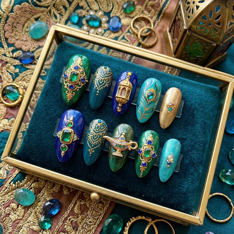 Exotic Jewel Gold Turquoise Royal Press On Nails