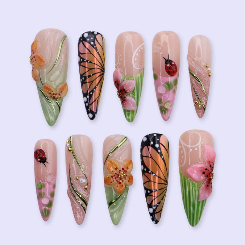 Butterfly Garden 3D Floral Cottagecore Spring Press On Nails