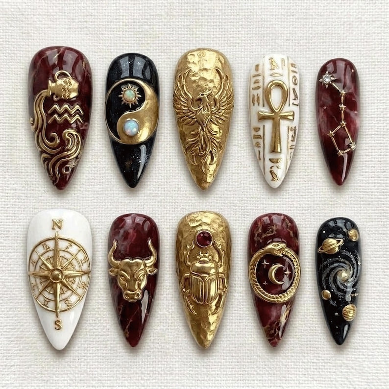 Mystic Phoenix Rebirth Gold 3D Press On Nails