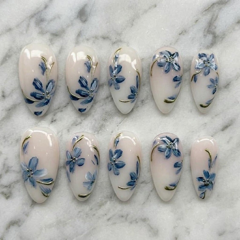 Handmade Blue Floral Elegant Soft Blossom Press On Nails