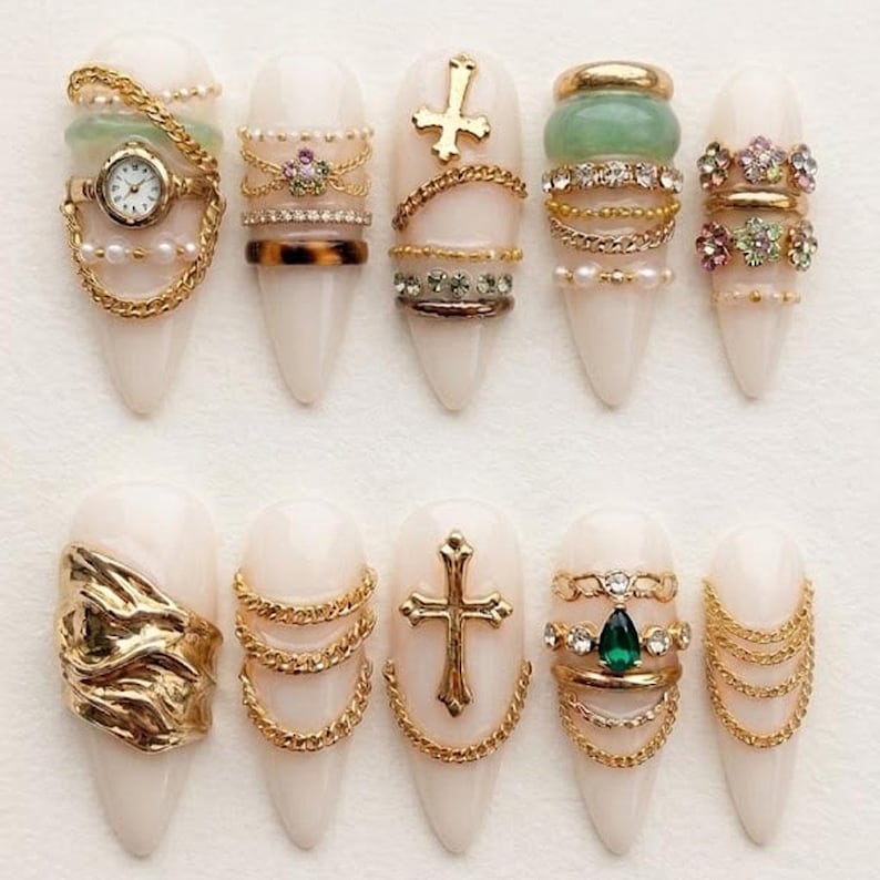 Luxury Golden Jewel Press On Nails