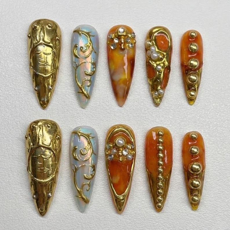 Luxury Amber Gold Stone Warm Glow Press On Nails