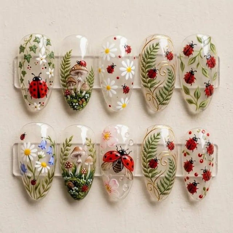 Whimsical Garden Ladybug 3D Floral Nature Press On Nails