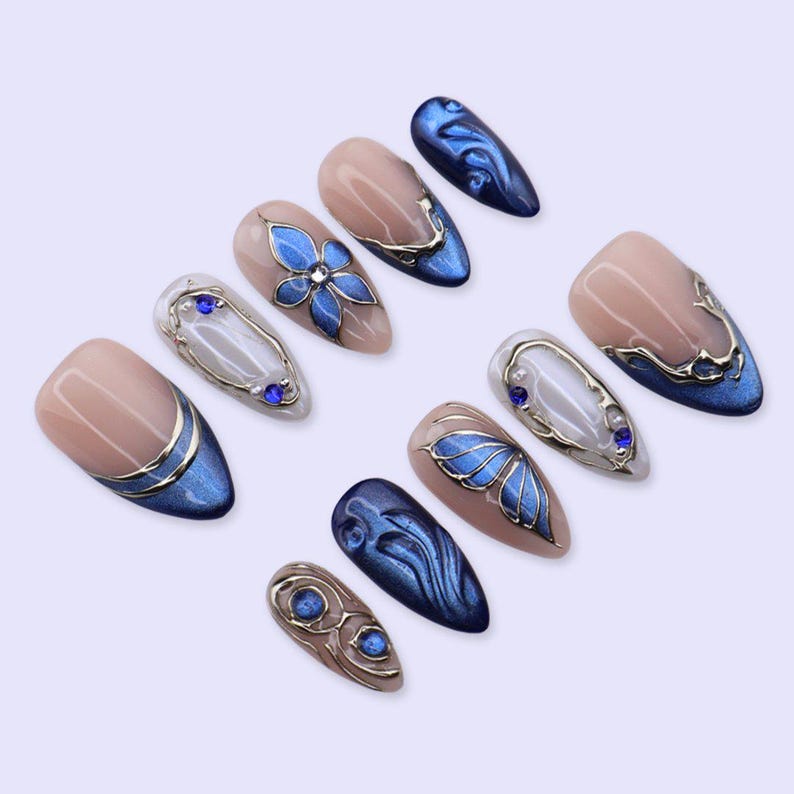 Soft Blue 3D Floral Ocean Garden Press On Nails