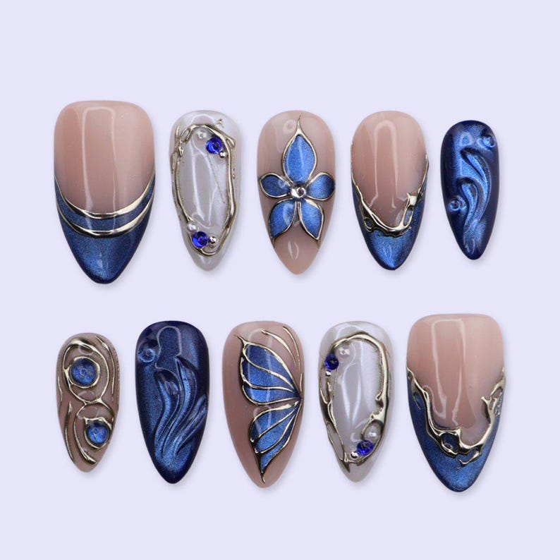Soft Blue 3D Floral Ocean Garden Press On Nails