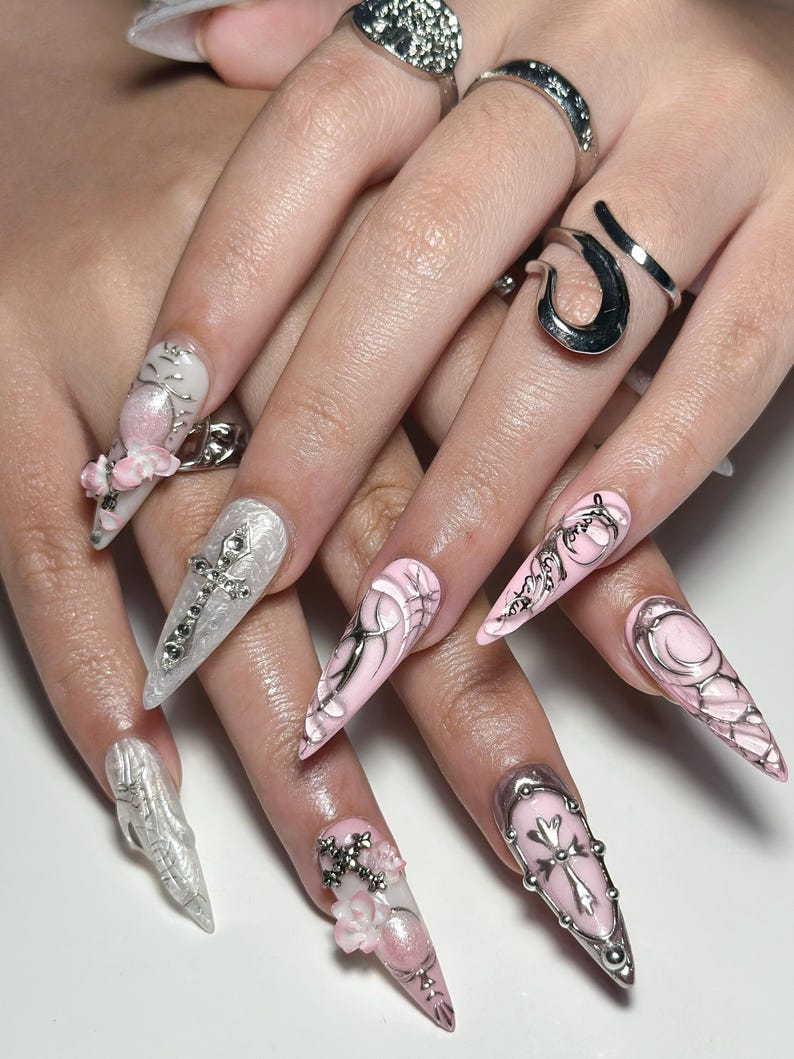 3D Pink Gothic Cyber Silver Chrome Butterfly Press On Nails