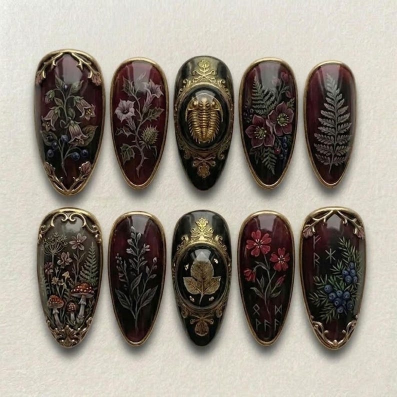 Dark Botanical Gothic Floral Press On Nails