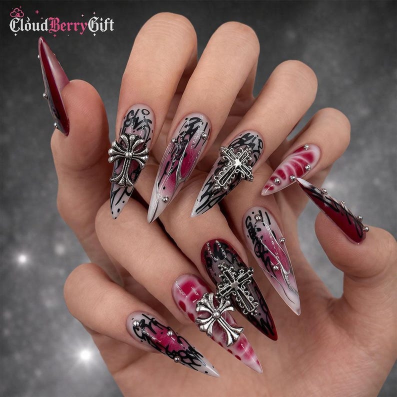 Dark Gothic Blood Red Chrome Press On Nails