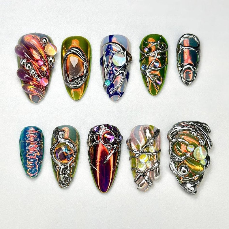 Edgy Metallic Chrome 3D Futuristic Press On Nails