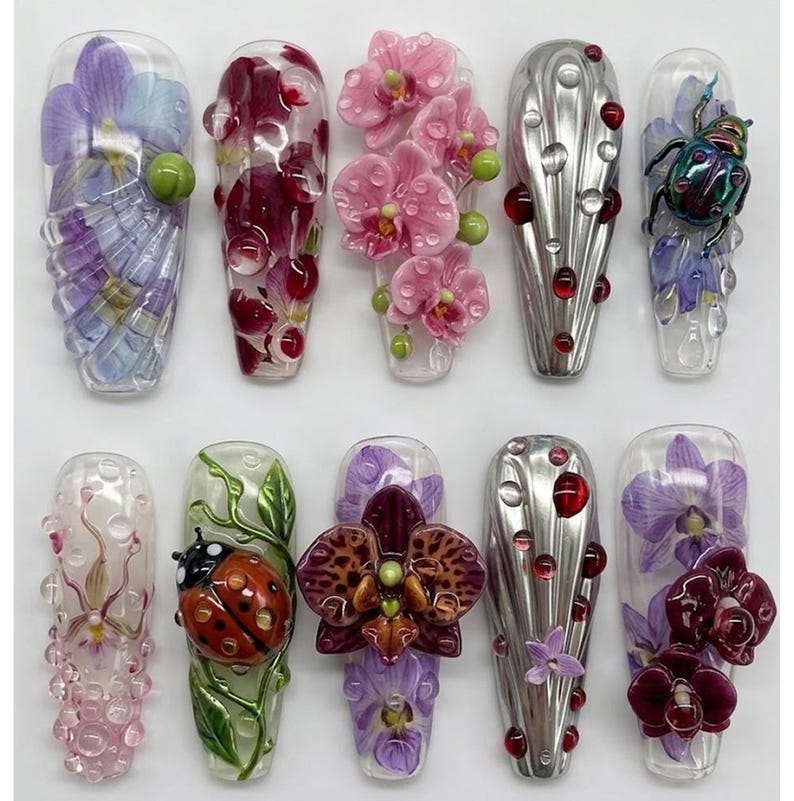 Elegant Botanical Orchid Bloom 3D Floral Press On Nails