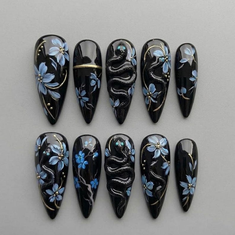 Black Snake Blue Blossom Press On Nails